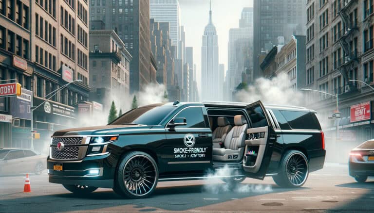 Luxury black SUV limousine with open door in city