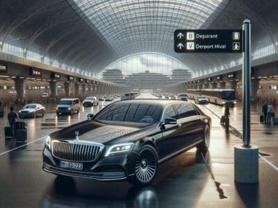 Luxury limousine parked inside modern airport terminal