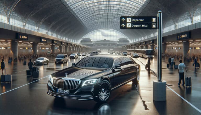 Luxury limousine parked inside modern airport terminal