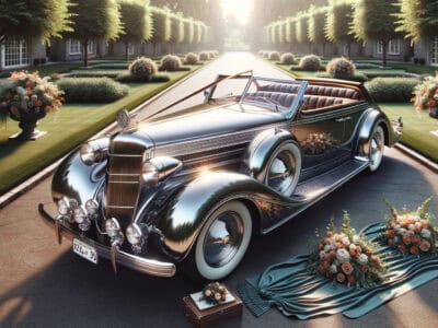 Vintage luxury convertible in elegant garden driveway setting