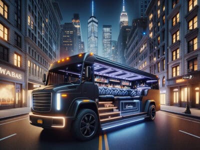 Luxury party bus with bar in city at night