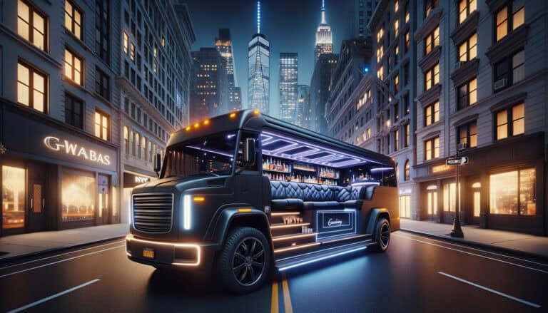 Luxury party bus with bar in city at night