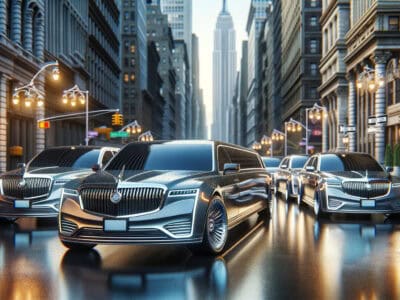 Luxury limousines on city street with skyscrapers backdrop