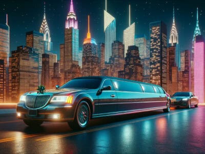 Luxury limousine driving through neon-lit city skyline at night