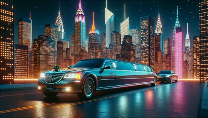 Luxury limousine driving through neon-lit city skyline at night