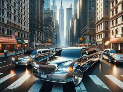 Luxury limousines on Manhattan street with skyscrapers