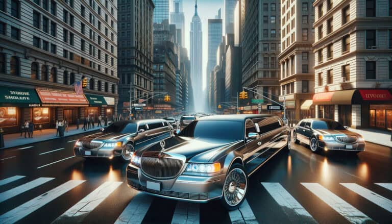 Luxury limousines on Manhattan street with skyscrapers