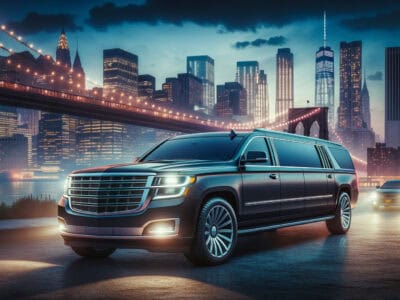Luxury black SUV limousine by Brooklyn Bridge at dusk