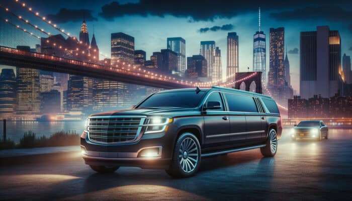 Luxury black SUV limousine by Brooklyn Bridge at dusk