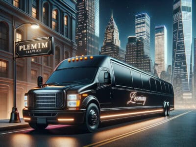 Black luxury limousine bus in city at night