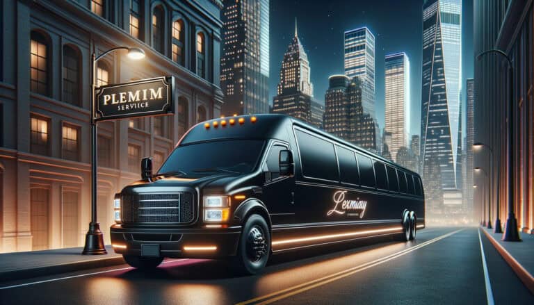Black luxury limousine bus in city at night