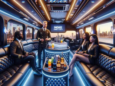 Luxury party bus interior with bartender and guests