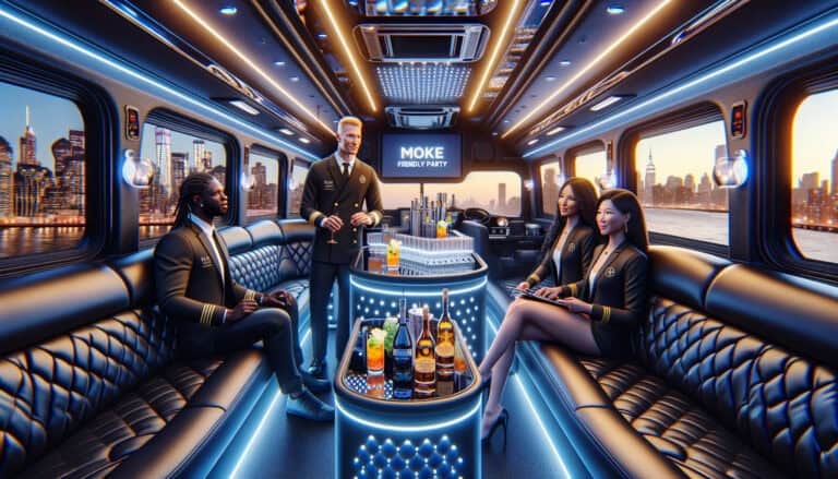 Luxury party bus interior with bartender and guests