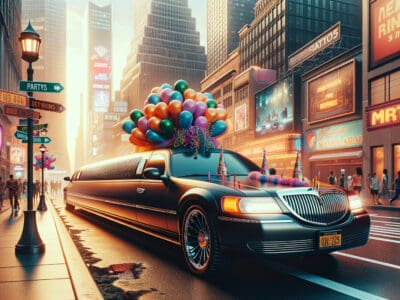 Black stretch limousine with balloons in city at night