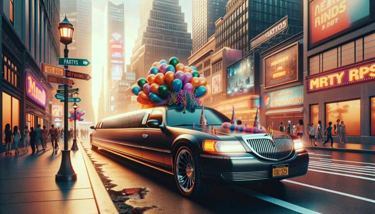 Black stretch limousine with balloons in city at night
