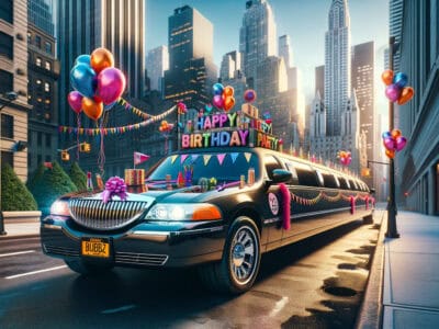 Birthday-decorated limousine with balloons in city street