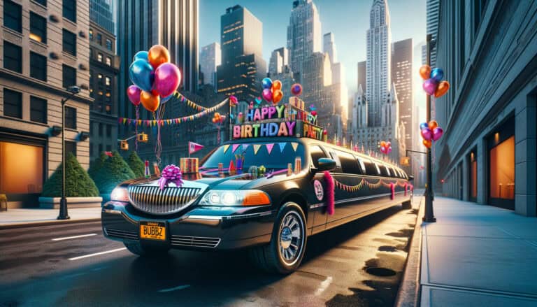 Birthday-decorated limousine with balloons in city street