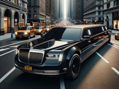 Black luxury limousine driving through city street