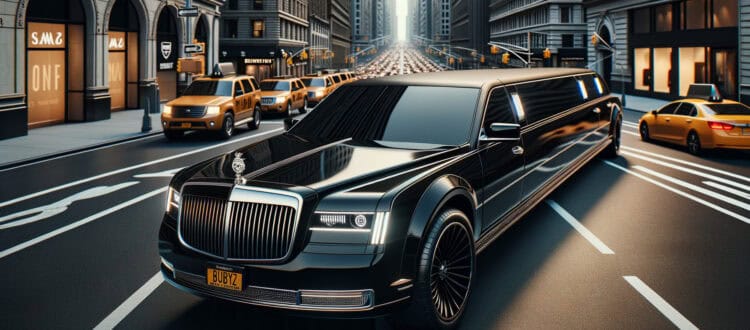 Black luxury limousine driving through city street