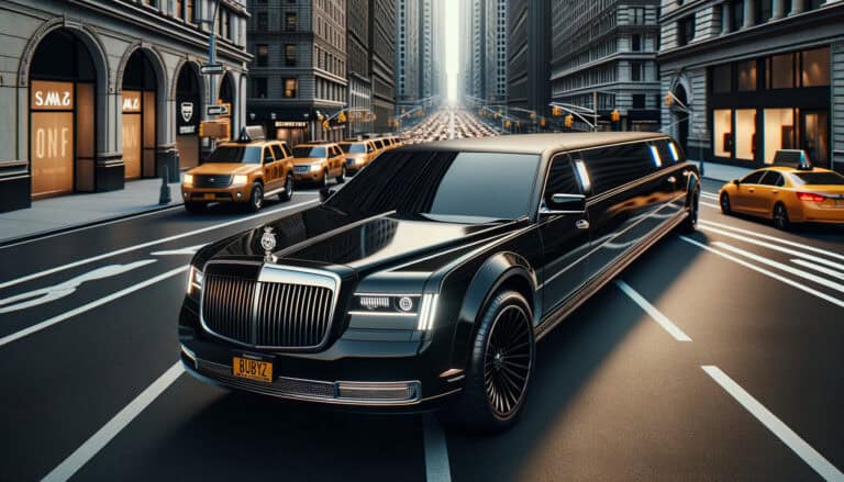 Black luxury limousine driving through city street