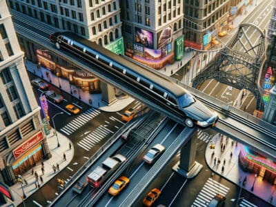 Limousine on elevated track above busy city street