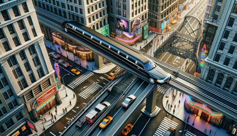 Limousine on elevated track above busy city street