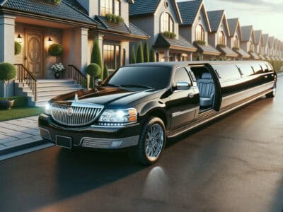 Black stretch limousine parked in suburban neighborhood street