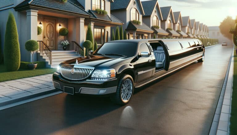 Black stretch limousine parked in suburban neighborhood street