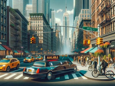 Busy New York street with taxis and limousine