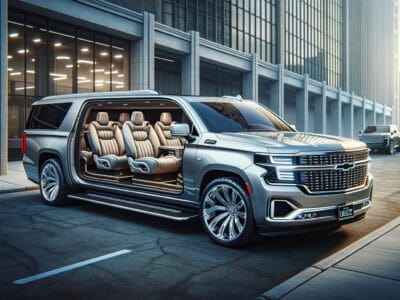 Luxury Chevrolet SUV with open doors in city