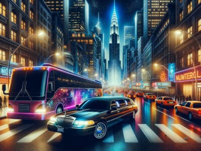 Limousine and party bus in neon city night