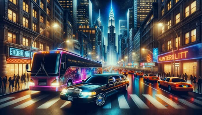 Limousine and party bus in neon city night