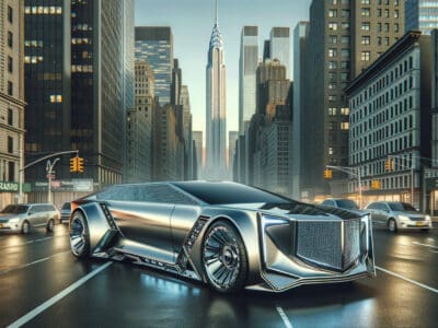 Futuristic silver luxury car on New York street