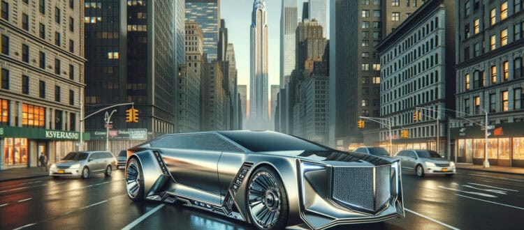 Futuristic silver luxury car on New York street