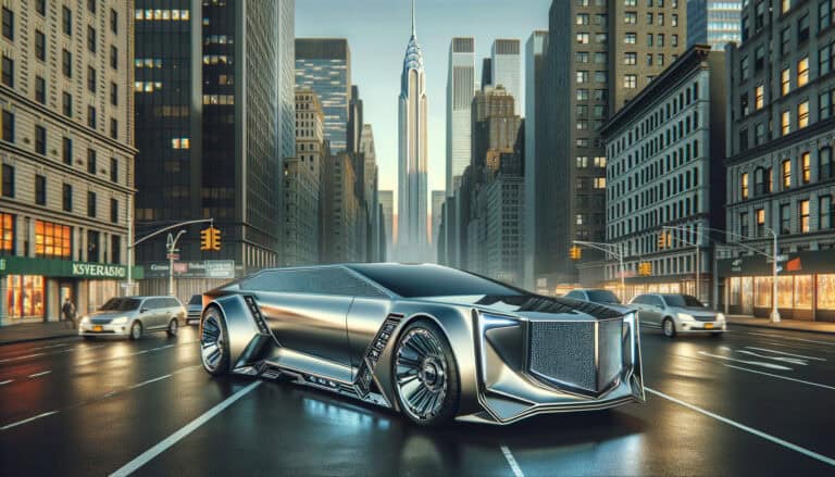Futuristic silver luxury car on New York street
