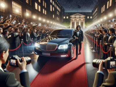 Celebrity exits limousine on red carpet event