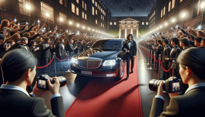 Celebrity exits limousine on red carpet event
