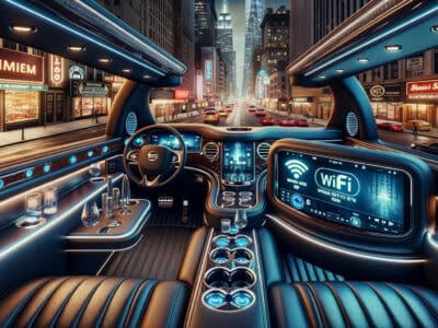 Luxury futuristic car interior with WiFi display, city view