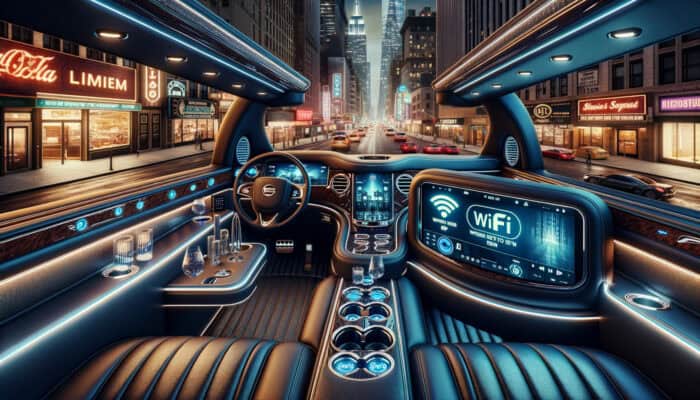 Luxury futuristic car interior with WiFi display, city view