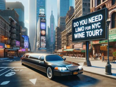 Black limousine on NYC street with wine tour billboard