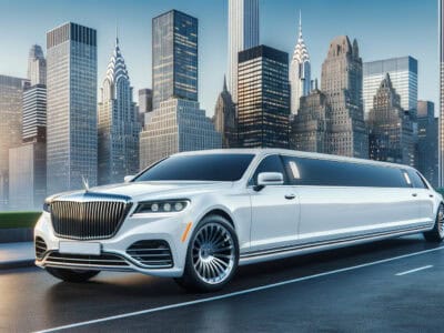 White stretch limousine parked before city skyline.