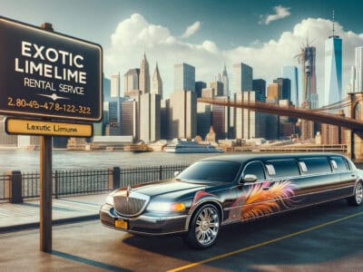 Black stretch limousine near Brooklyn Bridge skyline sign
