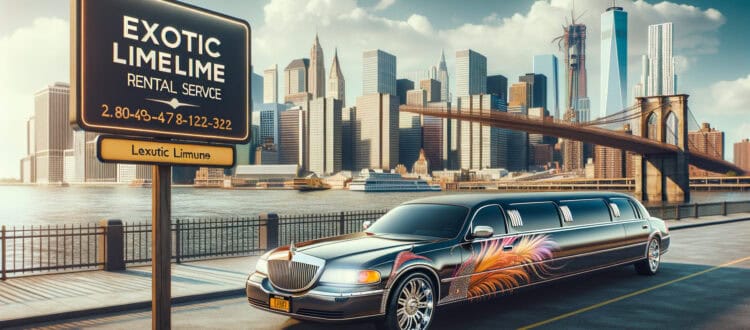 Black stretch limousine near Brooklyn Bridge skyline sign