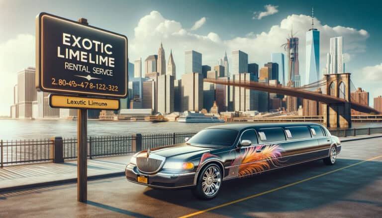 Black stretch limousine near Brooklyn Bridge skyline sign