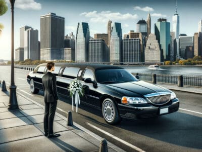 Man beside limousine with Manhattan skyline waterfront