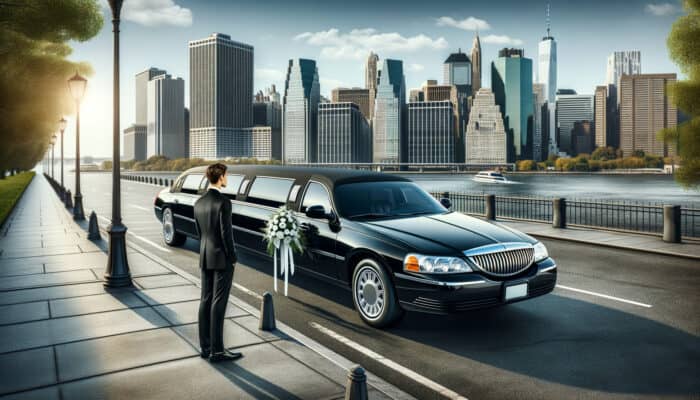 Man beside limousine with Manhattan skyline waterfront