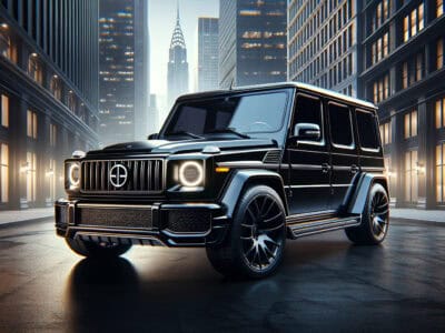 Black luxury SUV parked on city street