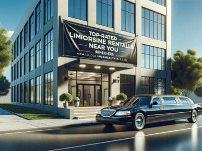 Black limousine parked outside rental office building