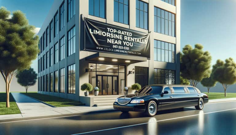 Black limousine parked outside rental office building