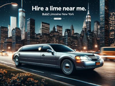 Silver stretch limousine in New York City at night